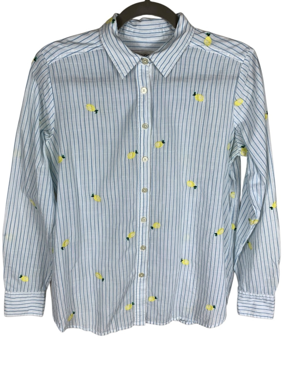 Women's Loft Blue White Striped Lemon Embroidered Long Sleeve Button Up Shirt S
